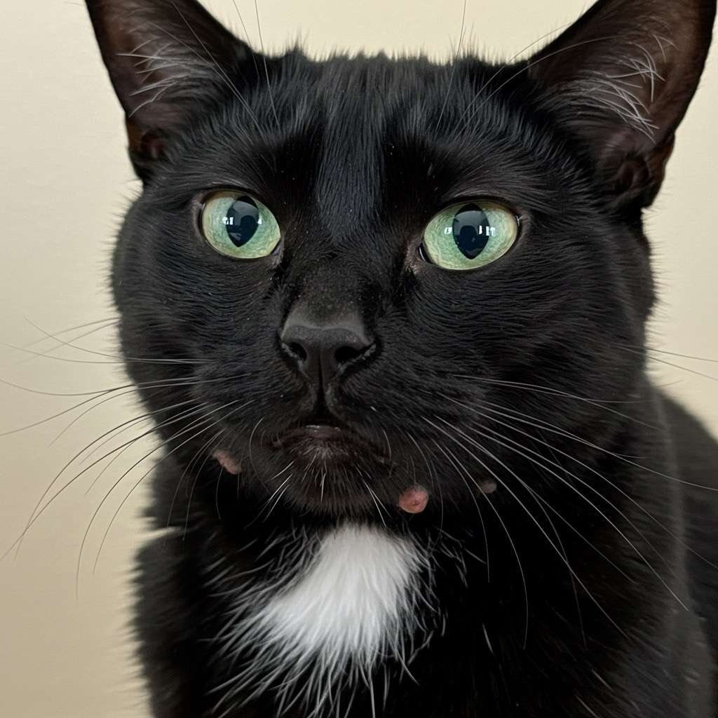 Black and white cat with green eyes and infected red pustules around chin looking at camera with tan background.