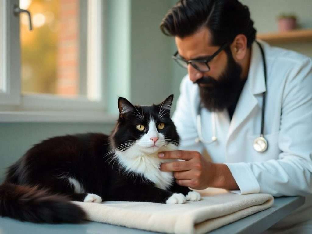 Black and white tuxedo long haired cat with yellow eyes laying on folded beige blanket on countertop at vet clinic while vet is touching front of cat and looking down behind. Brunette male vet is wearing glasses with a white coat on and stethoscope around neck. Background is blurred with window to the left side.