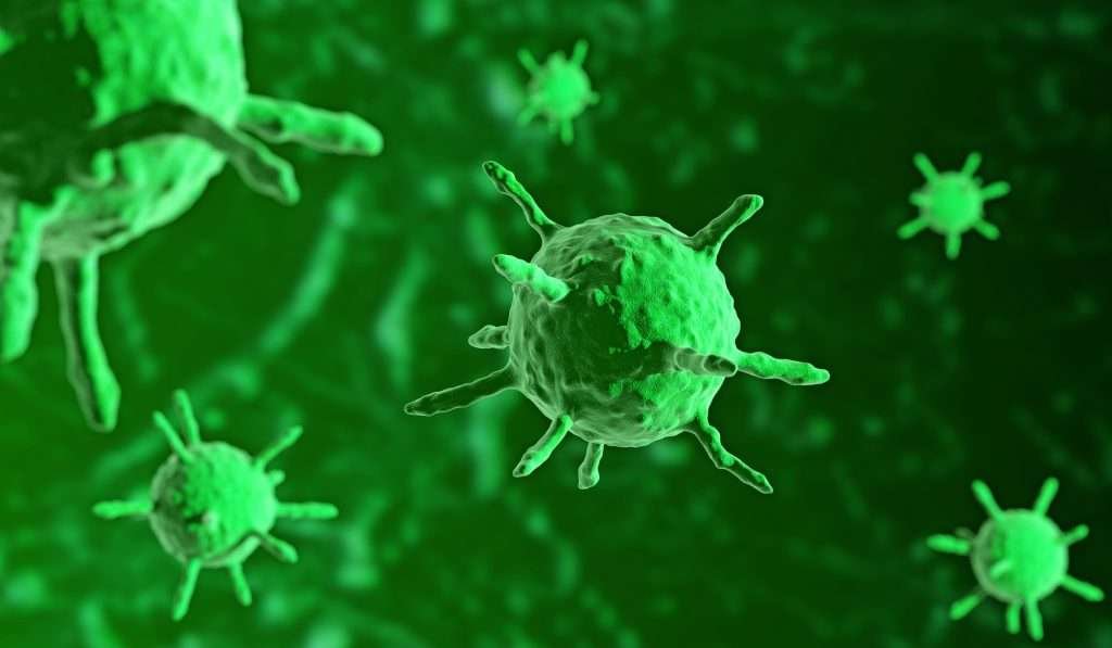 Virus infection 3d illustration in bright neon green color up close. Virus has long slender spikes around a sphere.