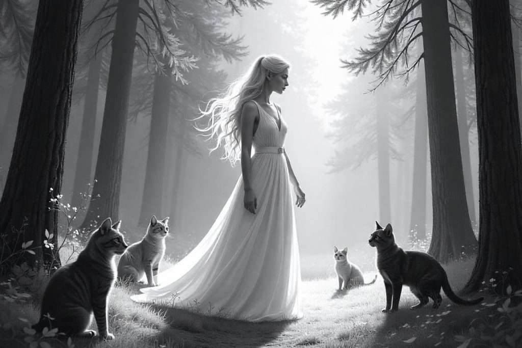 Norse Mythology - Freya the Goddess of Love with her cats beside her in black and white image. Freya is wearing a long white sleeveless dress with long blonde hair pulled back and in forest with multi-patterned cats around her sitting on the grass and plants.