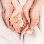 Female and male hand hold cat's paw as a child. Conceptual photo of a family and a cat. Love